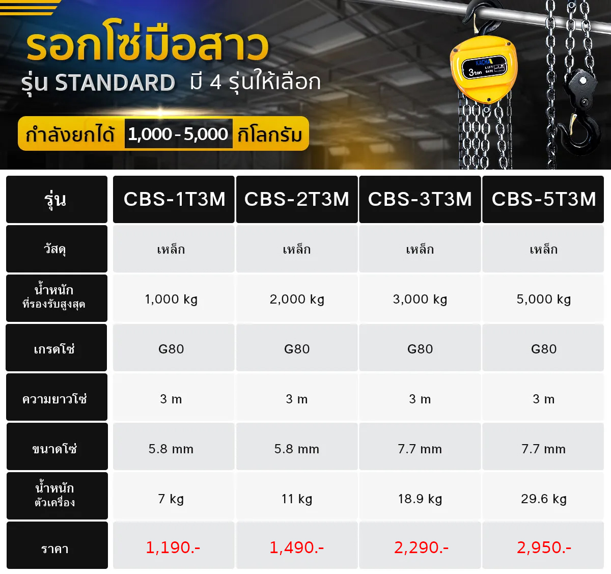 Specification table - Manual chain hoist - Standard_8-001
