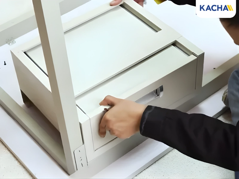 วางตู้ลิ้นชักลงกับโครงโต๊ะ วางตู้ลิ้นชักลงกับโครงโต๊ะ