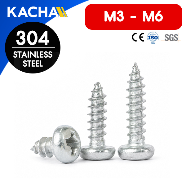 สกรูเกลียวปล่อย สกรูหัวกลมแฉก น็อตเกลียวปล่อย (Self-tapping Screw Pan Head Phillips) วัสดุ: สแตนเลส 304 | ขนาด M3, M4, M5, M6 | ความยาว: 4-90 มม. | จำหน่ายราคาต่อตัว