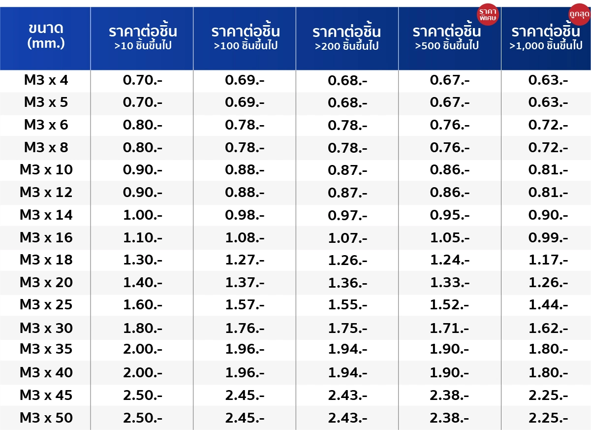 ขนาดสินค้า สกรูหัวจมกลม สแตนเลส 304