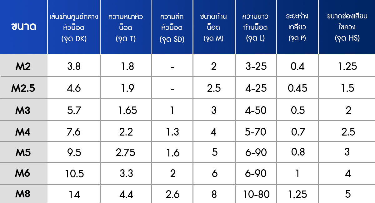 สกรูหัวจมกลม สแตนเลส 304 และขนาดประแจ