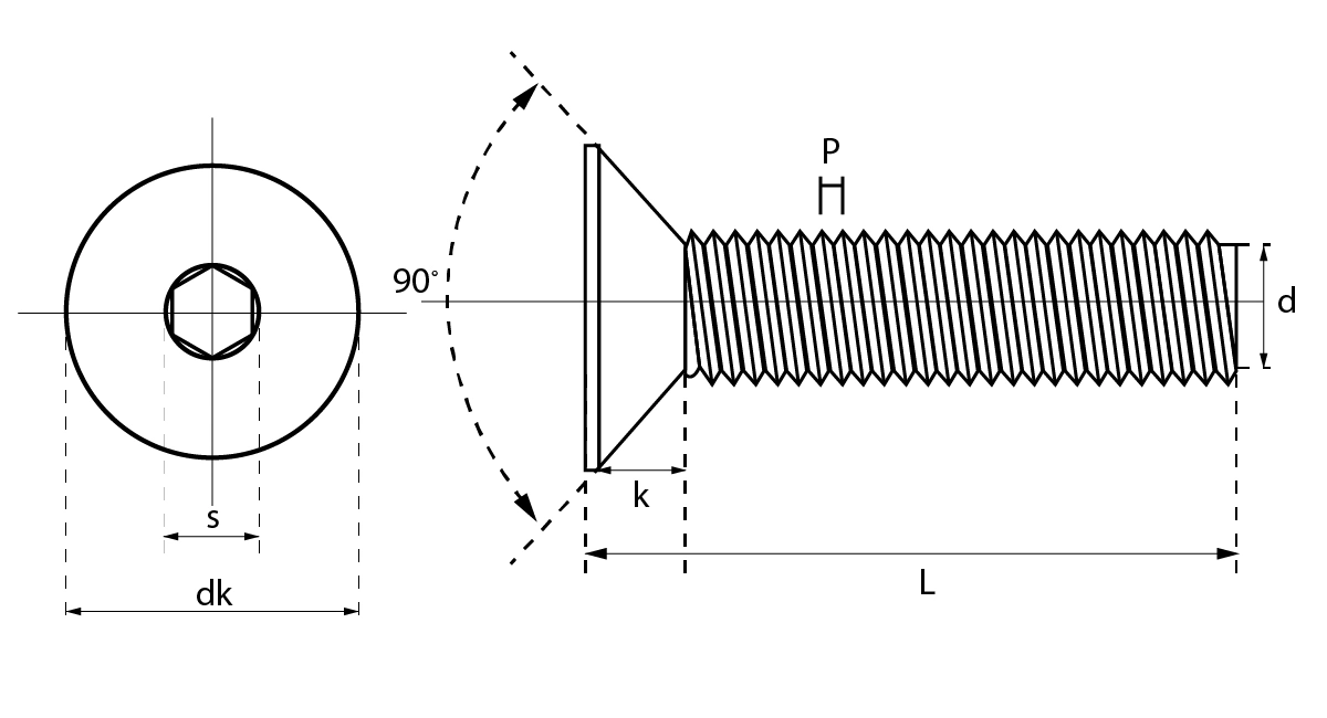 ภาพไดอะแกรม น็อตหัวเตเปอร์ สกรูหัวจมเตเปอร์ M3 M4 M5 M6