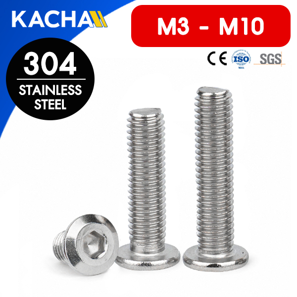 สกรูหัวจมแบน เกลียวมิล (Socket Cap Screw Round Flat Head) วัสดุ: สแตนเลส 304 | ขนาด M3, M4, M5, M6, M8, M10 | ความยาว: 4-90 มม. | จำหน่ายราคาต่อตัว