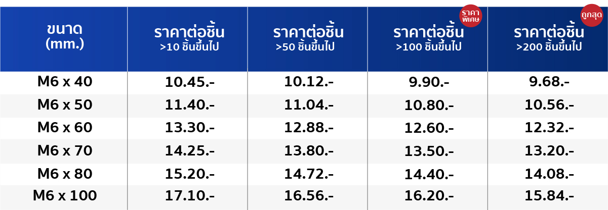 ตารางราคาพุกหัวหกเหลี่ยม M6