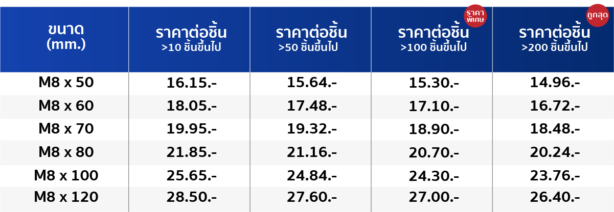 ตารางราคาพุกหัวหกเหลี่ยม M8