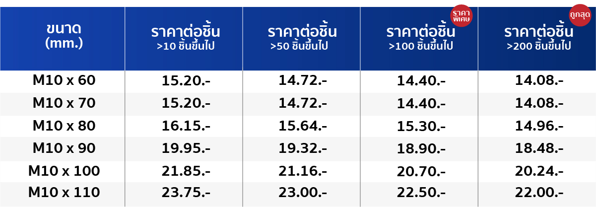 ตารางราคาพุกสลีพสแตนเลส M10