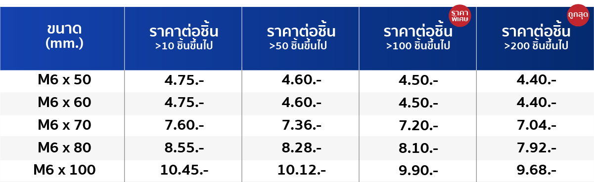 ตารางราคาพุกสลีพสแตนเลส M6
