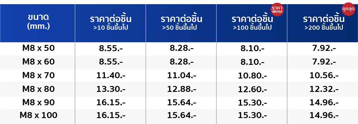 ตารางราคาพุกสลีพสแตนเลส M8