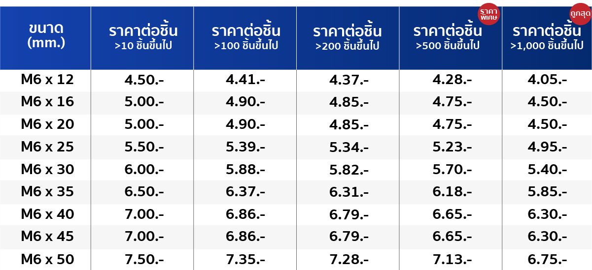 ตารางราคาน็อตหัวหกเหลี่ยม ติดจาน M6