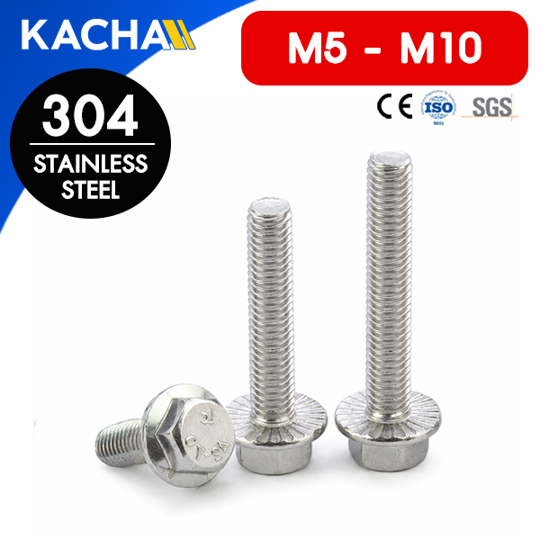 น็อตหัวหกเหลี่ยม สกรูหัวหกเหลี่ยม เกลียวมิล (ติดจาน) (Metric Hex Flange Bolt) วัสดุ: สแตนเลส 304 | ขนาด M5, M6, M8, M10 | ความยาว: 12-50 มม. | จำหน่ายราคาต่อตัว