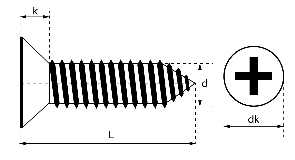 ภาพไดอะแกรม สกรูเกลียวปล่อย หัวเตเปอร์ สแตนเลส 304 ขนาด M1.7/M2/M3/M4/M5