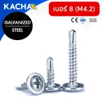 สกรูปลายสว่าน หัวเวเฟอร์ แฉก P+ เบอร์ 8 (Self-Drilling Screw Wafer Head) วัสดุ: เหล็กกัลวาไนซ์ | ขนาด 4หุน, 5หุน, 6หุน, 8หุน, 10หุน, 12หุน | ความยาว: 4-38 มม. | จำหน่ายราคาต่อตัว