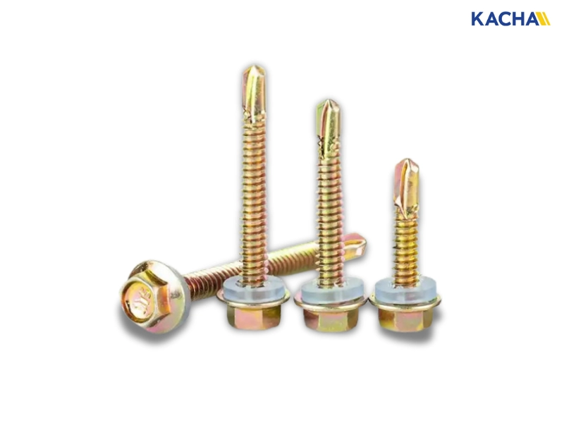 สกรูปลายสว่าน หัวหกเหลี่ยม + แหวนยางรองน็อต วัสดุเหล็กชุบซิงค์รุ้ง