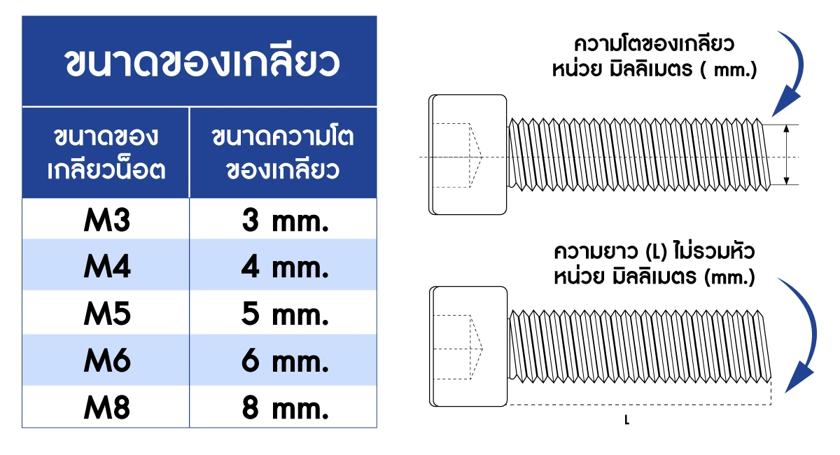 ขนาด สกรูหัวจมหกเหลี่ยม สกรูดํา เกรด 12.9