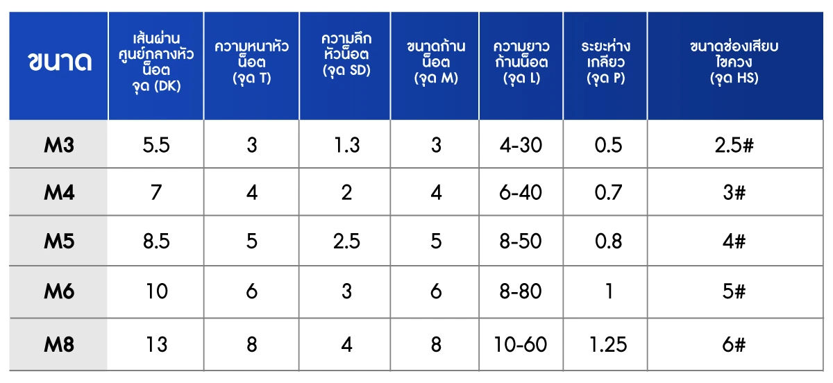 ขนาด สกรูหัวจมหกเหลี่ยม สกรูดํา เกรด 12.9
