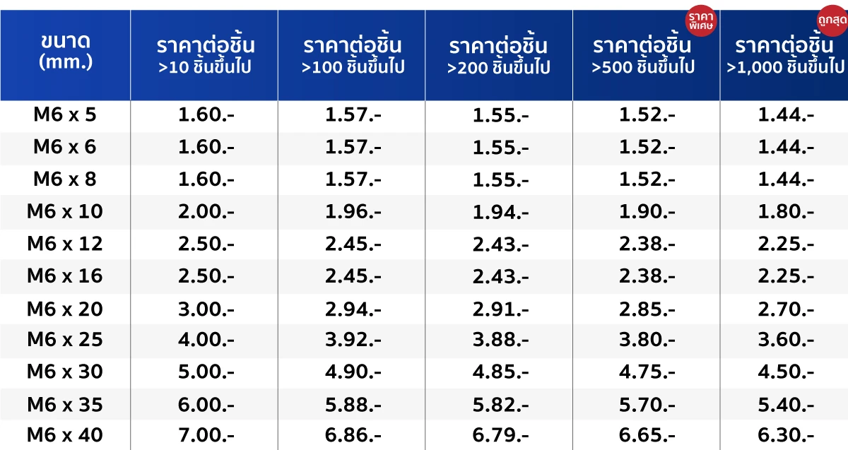 ตารางราคา สกรูตัวหนอน สกรูหัวจมหกเหลี่ยม 6M