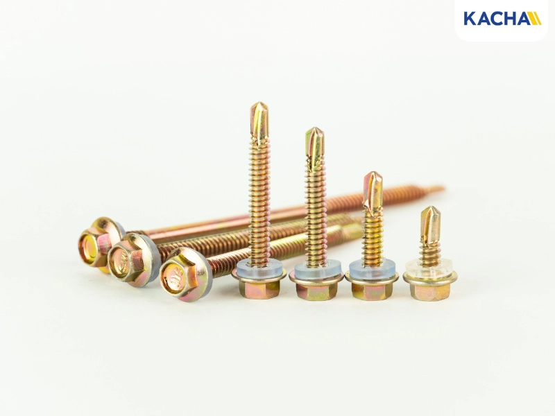 สกรูปลายสว่าน หัวหกเหลี่ยม + แหวนยางรองน็อต วัสดุเหล็กชุบซิงค์รุ้ง สกรูปลายสว่าน หัวหกเหลี่ยม + แหวนยางรองน็อต วัสดุเหล็กชุบซิงค์รุ้ง