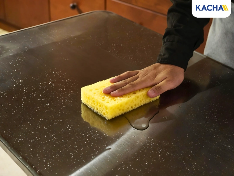 เช็ดทำความสะอาดโต๊ะสะแตนเลสทำอาหาร