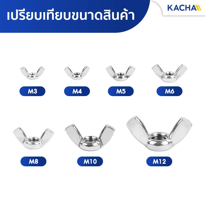 เปรียบเทียบขนาดสินค้า น็อตหางปลา หัวน็อตตัวเมีย ปีกสี่เหลี่ยม สแตนเลส 304 ขนาด M3-M12