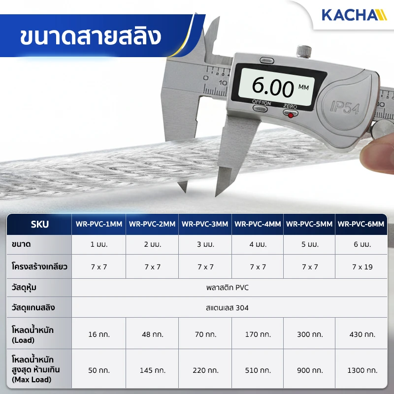 ขนาด สลิงหุ้มพีวีซี ลวดสลิงหุ้ม PVC