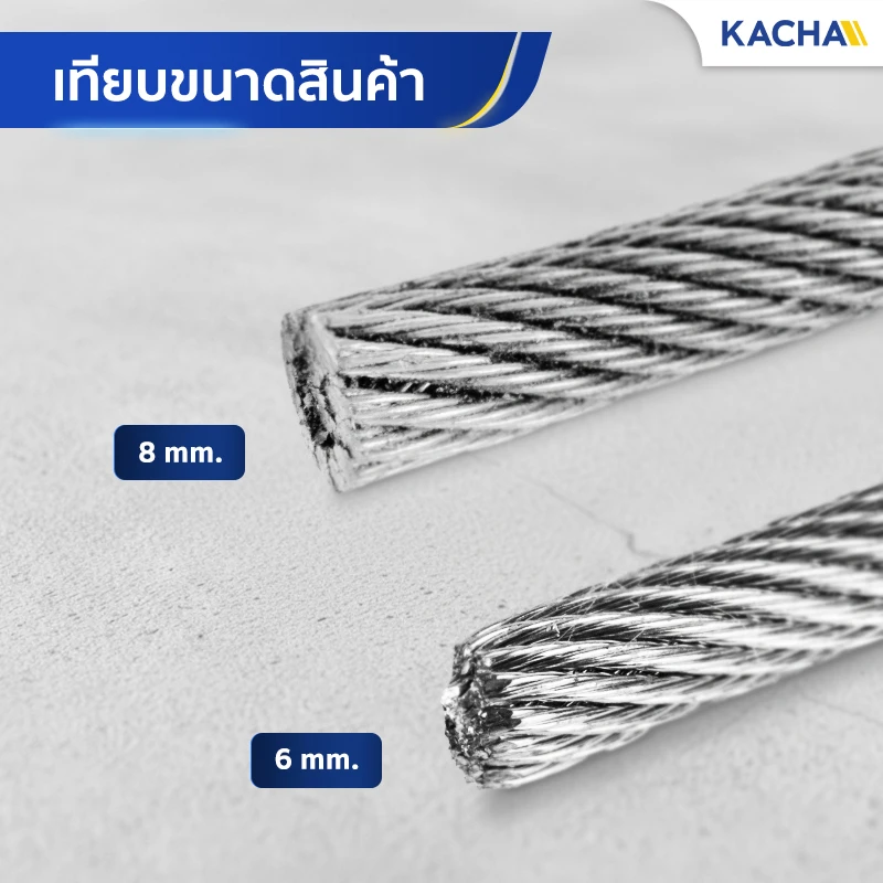 เทียบขนาด ลวดสลิงกัลวาไนซ์ ไส้เหล็ก 19×7 ลวดสลิงต้านทานการหมุน ขนาด 6 มม. และ 8 มม.