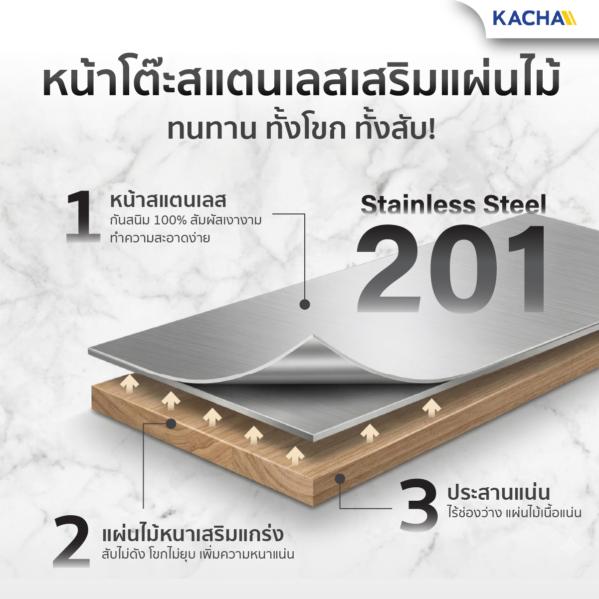 โต๊ะเตรียมอาหาร สแตนเลส 201 เสริมแผ่นไม้ ออกแบบมาเพื่องานครัวโดยเฉพาะ