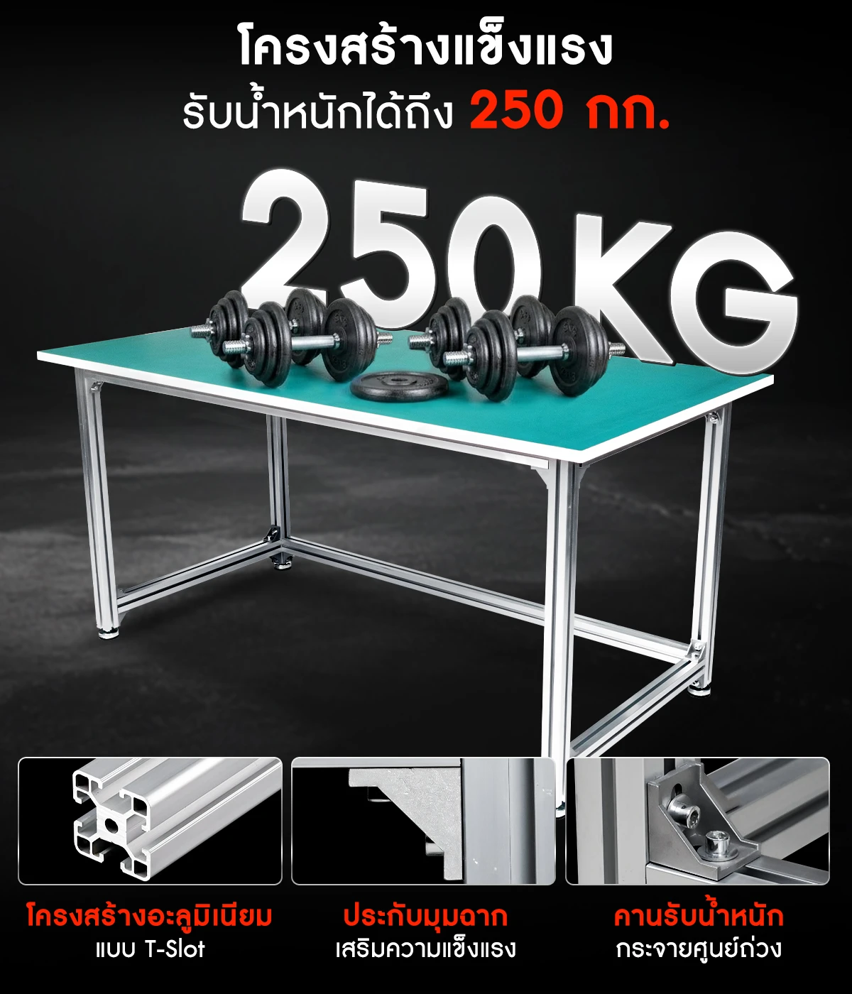 โต๊ะช่าง หน้าท็อปยาง ป้องกันไฟฟ้าสถิต โครงอะลูมิเนียมโปรไฟล์ รับน้ำหนักได้สูงสุด 250 กก. โต๊ะช่าง หน้าท็อปยาง ป้องกันไฟฟ้าสถิต โครงอะลูมิเนียมโปรไฟล์ รับน้ำหนักได้สูงสุด 250 กก.