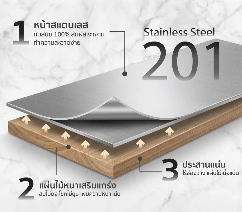 คุณสมบัติ โต๊ะสแตนเลส KACHA เสริมแผ่นไม้ ช่วยซับเสียง รับแรงกระแทก