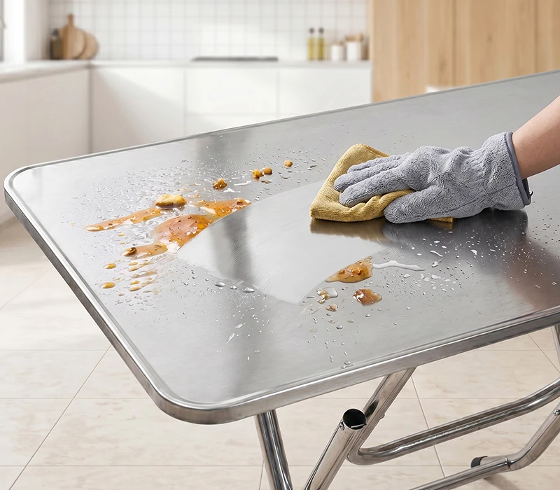 คุณสมบัติ โต๊ะสแตนเลส KACHA โต๊ะเคลือบเงาอย่างดี ทำความสะอาดง่าย