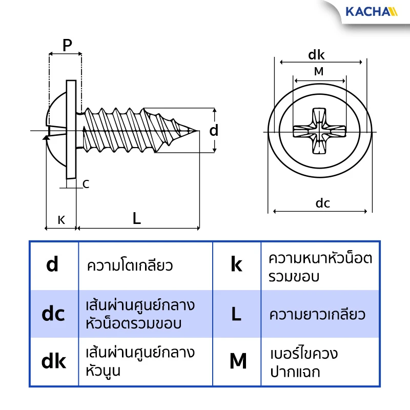 การวัดขนาด สกรูเกลียวปล่อย หัวเวเฟอร์ สกรูปลายแหลมหัวนูน แฉก P+ ชุบซิงค์ขาว เบอร์ 8
