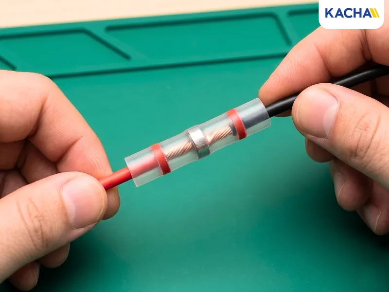 การใช้ปลอกบัดกรีสายไฟ ขั้นตอนที่ 4 เลื่อนปลอกบัดกรีมาคลุมบริเวณจุดต่อ การใช้ปลอกบัดกรีสายไฟ ขั้นตอนที่ 4 เลื่อนปลอกบัดกรีมาคลุมบริเวณจุดต่อ