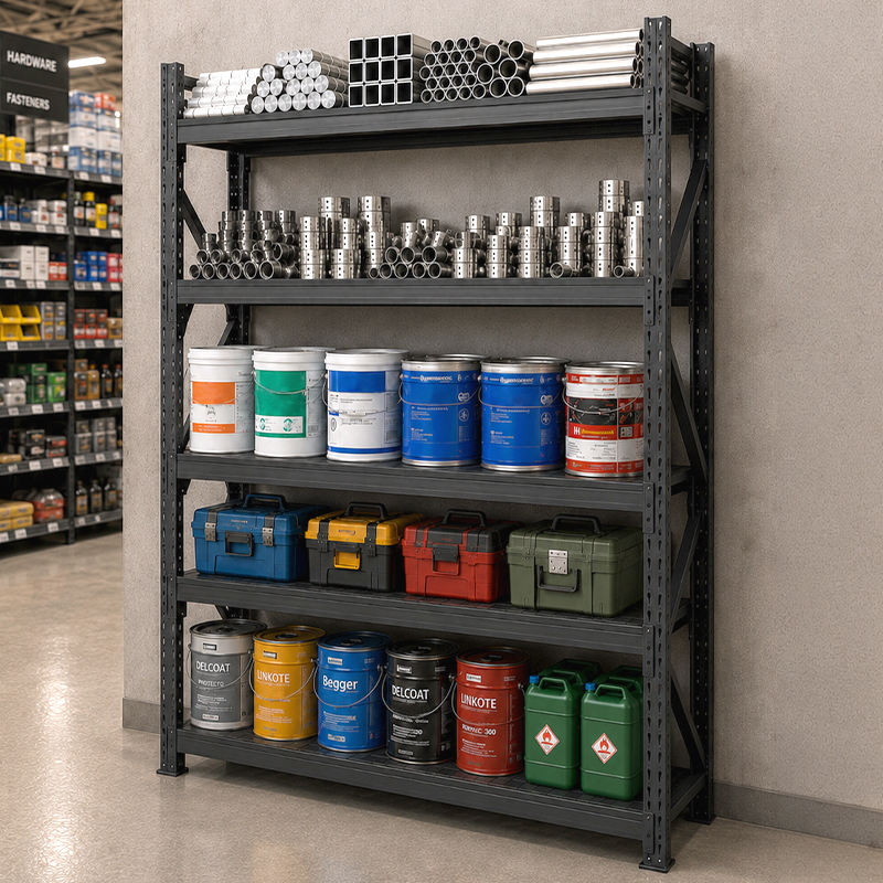 ชั้นวางของเหล็ก รุ่น Heavy Duty รับน้ำหนักได้ 100 – 500 กก./ชั้น โครงสร้างแข็งแรง เสริมคานเหล็ก 4 ชิ้น ทนทานพิเศษ